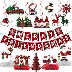Buffalo Plaid Christmas Decorations Merry Friendsmas Banner Merry Friendsmas Decorations for Christmas Party Decorations