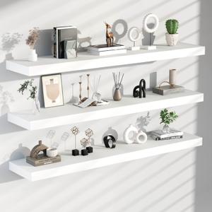Floating Shelves for Wall, 60 Inch Extra Long White Wall Shelves, Set of 3, Hanging Invisible Brackets Floating Shelves for Living Room,Bedroom,and Kitchen, 3T60IN