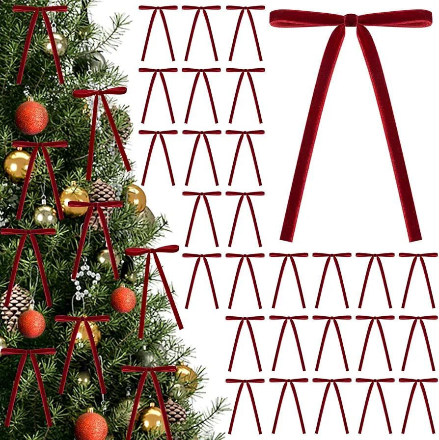 30 Pcs red Velvet Bows Christmas Tree Decorations, Pre-Tied Vintage Ribbon Bows for Garland Wreath Indoor， Holiday Home Decor， Fireplace Decor， Xmas Decorations（3/8" Wide，5 * 7 Inch）