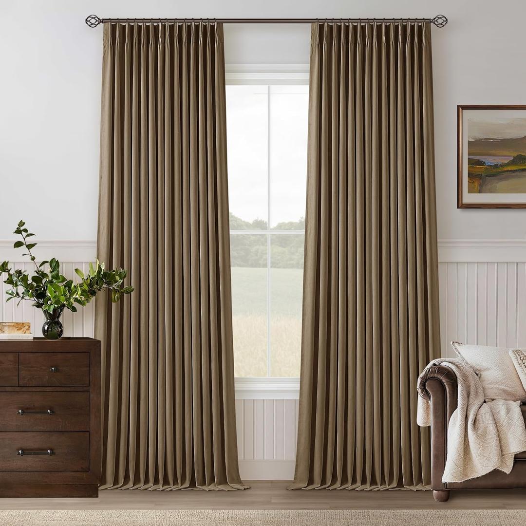 TWODRAPES Dutch Cocoa Pleated Linen Blackout Curtains 102 Inches Long for Bedroom Living Room Pinch Pleat Black Out Thermal Insulated Ring Hooks Room Darkening Drapes Brown Curtains with Liner 40x102