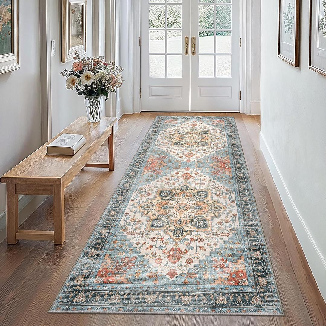Runner Rugs for Hallway 2x10 Machine Washable Runners, Boho Vintage Retro Floral Medallion Runners for Kitchen Entryway Bathroom, Low Pile Lightweight Non Slip Runner Rug, Blue Orange