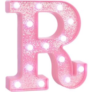 Pink Marquee Light Up Letters, Glitter Alphabet LED Letter Lights for Pink Birthday Party Decorations, Battery Operated Letter Sign for Girls Room Vanity Table Decor, Cool White Lights Letter R