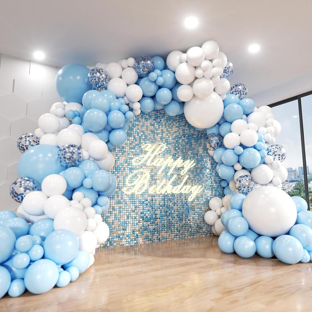 Blue and White Balloon Arch Kit, ADOINBY 140Pcs Pastel Light Blue and White Balloon Garland kit, 18 12 10 5 Inch Different Size Balloons for Baby Shower Birthday Gender Reveal Anniversary Decorations