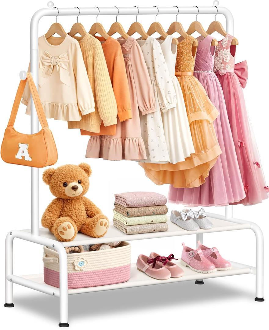 Kids Clothing Rack - Dress Up Clothes Rack - Baby Toddler Closet - Mini Freestanding Coat Racks with 2 Fabric Shelves - Small Kids Costume Wardrobe - Garment Rack for Hanging Clothes Organizer, White