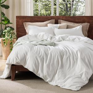 Bedsure 100% Washed Cotton Duvet Cover Queen Size - Natural White Minimalist Duvet Cover for All Seasons - GentleSoft Plain Simple Cotton Bedding Set with 2 Pillow Shams (White, Queen, 90"x90")