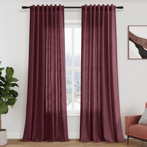Nanspring Burgundy Linen Curtains Semi Sheer 96 Inches Long 2 Panels Set for Living Room Back Tab Rod Pocket Light Filtering Drape for Bedroom Modern Farmhouse Coastal Decor Protect Privacy 52x96