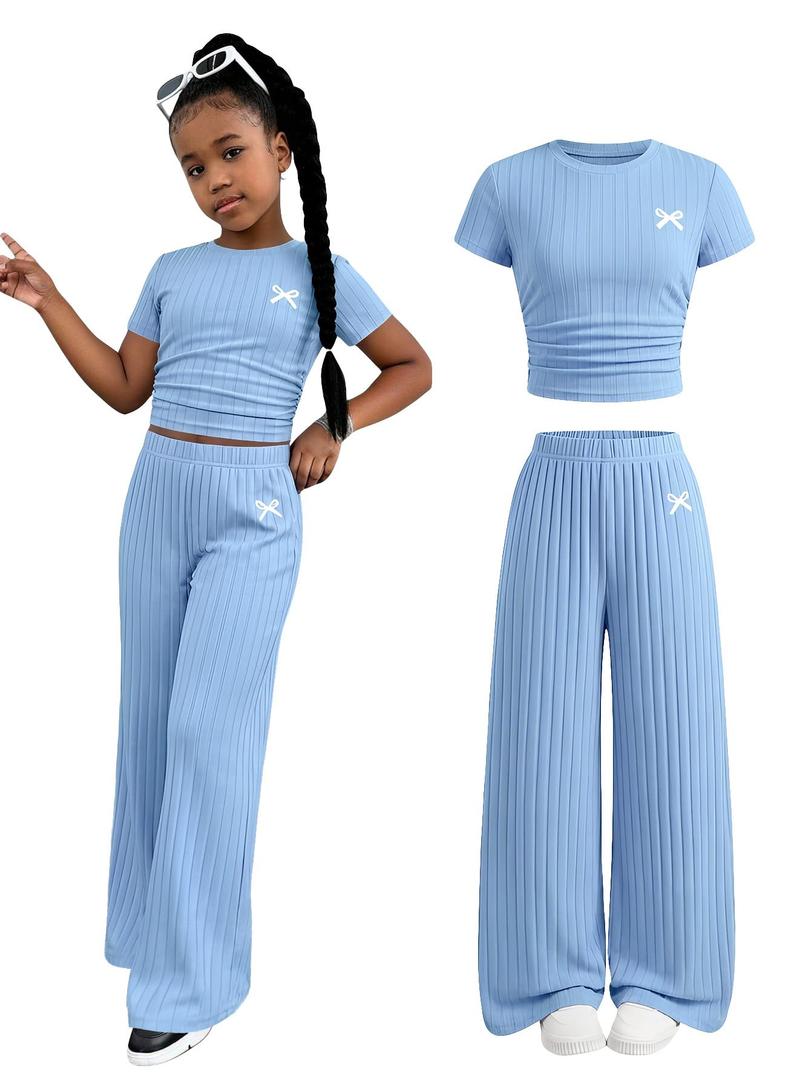 SOLY HUX Girl's Bow Print Short Sleeve T Shirt Pants Outfits (Blue)