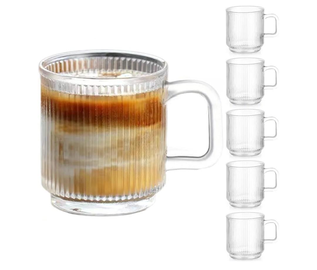 6 PACK Premium Glass Coffee Mugs with Handle, 12 OZ Classic Vertical Stripes Glass Coffee Cups, Transparent Tea Cup for Hot/Cold Beverages, Glassware Set for Americano, Latte, Cappuccino