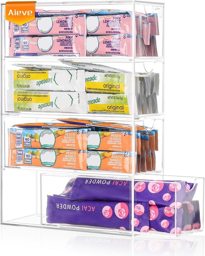 AIEVE Drink Packet Organizer, Drink Mix Holder with 4 Clear Drawers, Acrylic Water Flavor Packets Container, Kitchen Storage Organizers for Pantry Home Organization