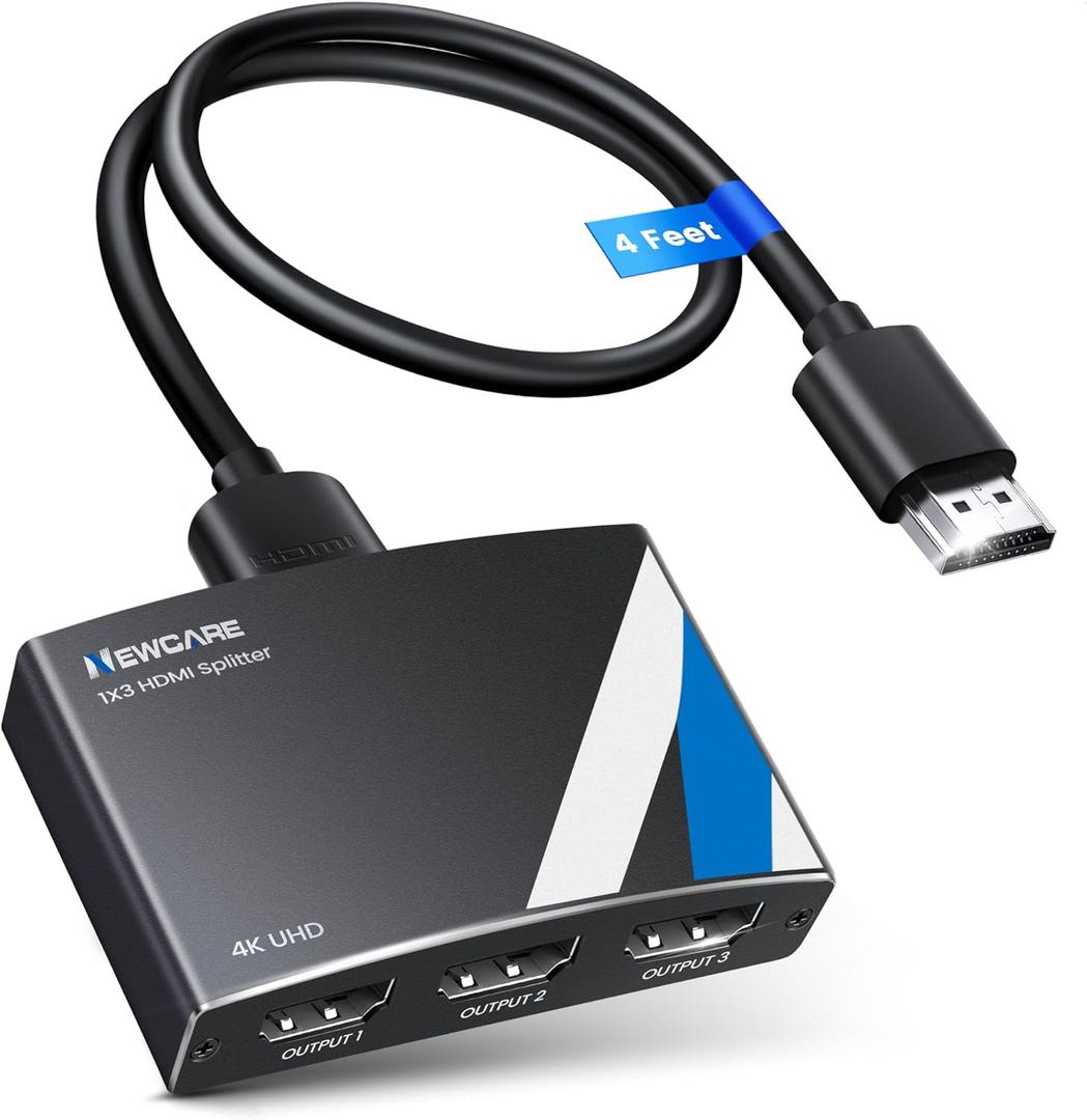 NEWCARE 4K HDMI Splitter 1 in 3 Out [with 4 FT Hdmi Cable and Power Adapter], Aluminum Alloy 13 HDMI Splitter Support 4Kx2K,1080P, 3D, DTS/Doby-TrueHD for Xbox PS5/4 Roku,Not Support Extended Mode
