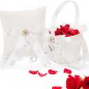 2 Pack Flower Girl Basket and Ring Bear Pillow Set, Cute Lace Pearl Flower Baskets with Ring Cushion, Cherish Ivory Rhinestones Satin Wedding Fairy Decor Party Ceremony