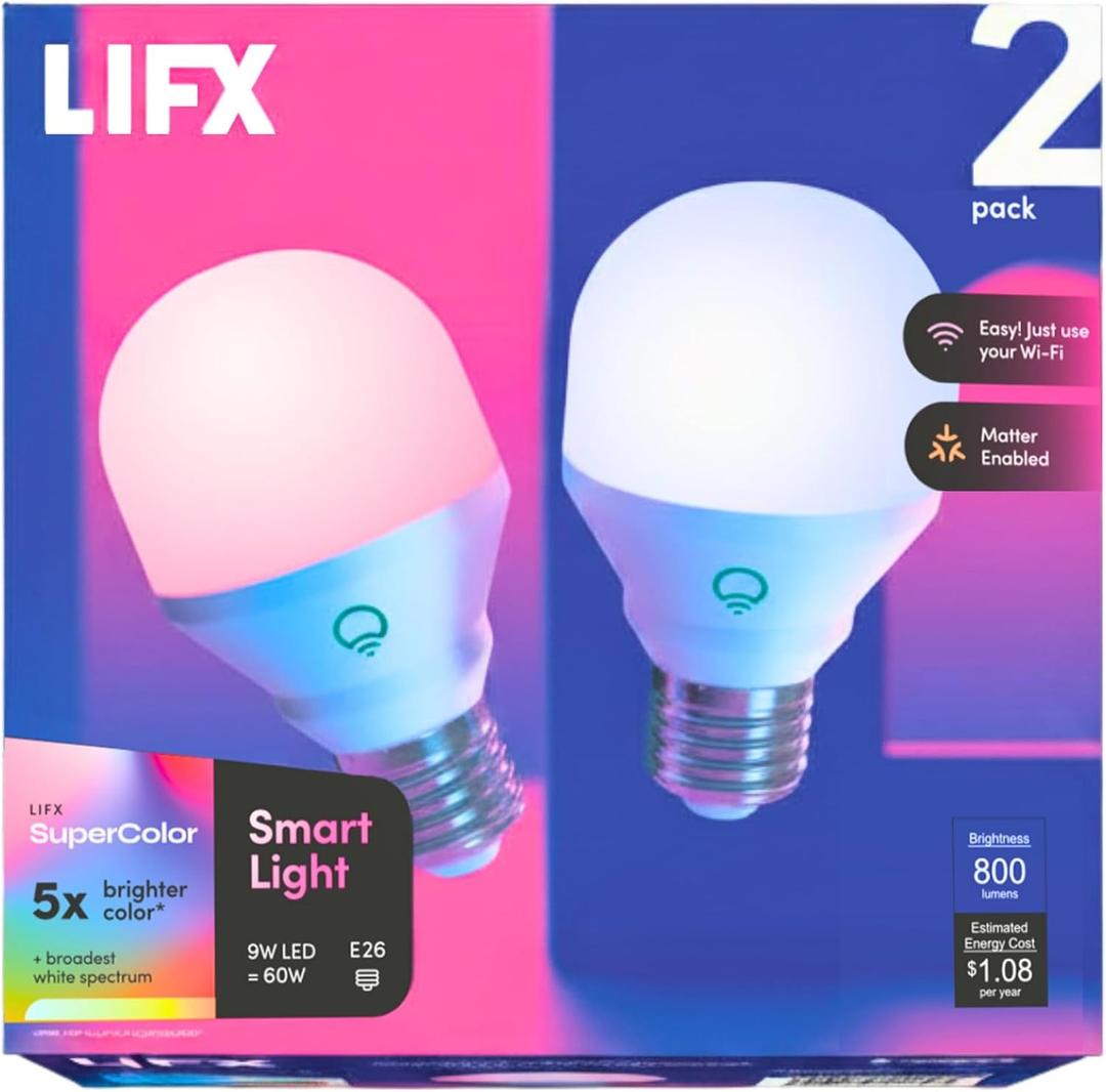 LIFX Color Smart Light Bulbs (2-Pack) A19 E26, Matter Compatible RGB + Tunable White (800 Lumens), WiFi Dimmable Color Changing (2.4GHz), Compatible with Apple HomeKit, Alexa & Google