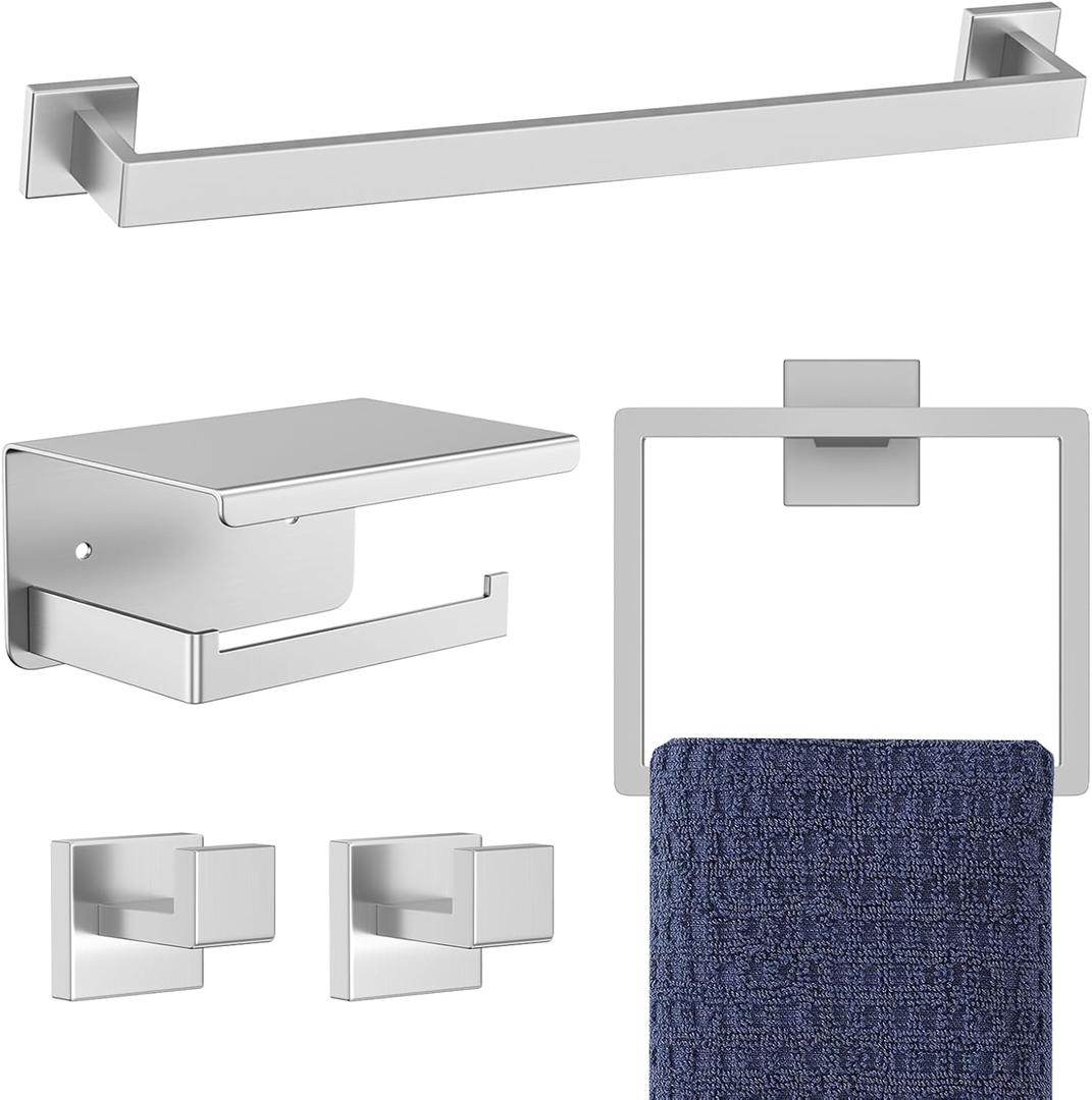 5-Pieces Brushed Nickel Bathroom Hardware Accessories Set,16 Inch Towel Bar Set,Stainless Steel Bathroom Hardware Set Towel Holder Set for Bathroom,Wall-Mounted Bathroom Accessories Kit