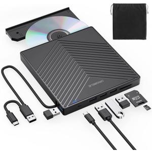 External CD DVD Drive, Ultra Slim CD Burner USB 3.0 with 4 USB Ports and 2 TF/SD Card Slots, Optical Disk Drive for Laptop Mac, PC Windows 11/10/8/7 Linux OS