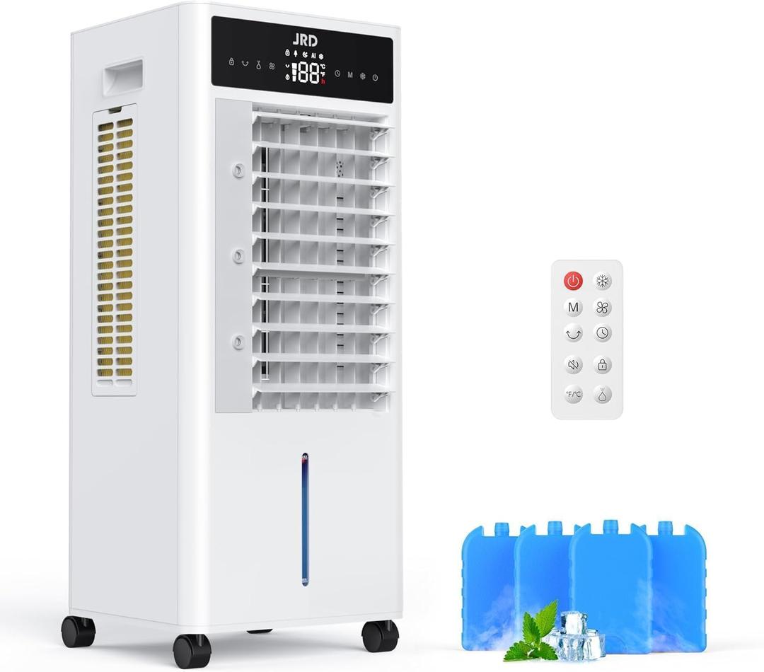 JRD Portable Air Conditioners with 4 Ice Packs, 12H Timer, Top Fill Dual Tank, Evaporative Air Cooler Portable with 4 Modes, 3 Speeds, Mist Function, Quiet Swamp Cooler for Bedroom Office Indoor