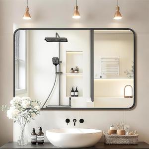 24"36" Bathroom Mirror for Wall, Modern Bathroom Vanity Mirror, Black Bathroom Mirrors for Over Sink with Metal Framed HD Tempered Glass Hangs Horizontally or Vertically