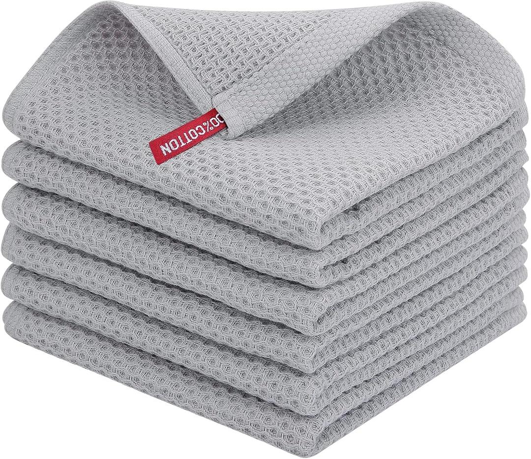 Homaxy 100% Cotton Waffle Weave Kitchen Dish Cloths, Ultra Soft Absorbent Quick Drying Dish Towels, 12 x 12 Inches, 6-Pack, Light Gray 