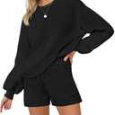 Ekouaer Womens 2 Piece Knit Sweatsuit Long Sleeve Tops and Shorts Pajamas Fashion Outfits Casual Lounge Set with Pockets Black L