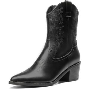 DREAM PAIRS Women's Cowboy Boots, Pointed Toe Chunky Heel, Zipper Pull-On Stitched Western Ankle Boots, 7, Black