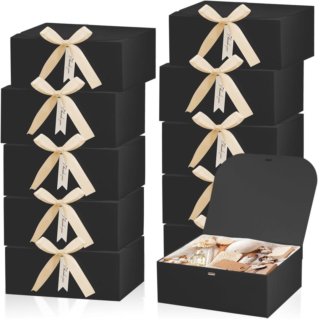 GLGHMH 12Sets Valentines Day Gift Boxes with Lids,10x8x4inch Large Black Paper Present Box,Bridesmaid Proposal Box with Ribbon Thank You Card,for Wedding Birthdays Baby ShowerBlack