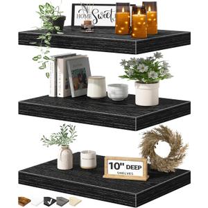QEEIG 10" Deep Floating Shelves for Wall - 10 x 16 inch Book Shelf Bathroom Bedroom Kitchen Living Room Hanging Bookshelf Farmhouse Set of 3, Black (025-40B3)