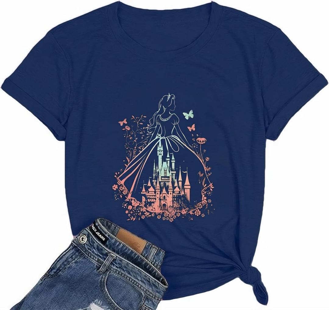 Magic Castle Shirt for Women Cute Magic Kingdom Graphic Print Holiday Vacation Weekend Tee Tops (XL)