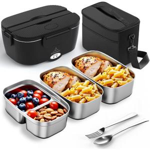 Heated Lunch Box, 120W Electric Lunch Box for Adults with 1.5L 304 Stainless Steel Container, 12V/24V/110V Lonchera Elctrica Porttil for Travel, Work, Car, Truck (Pure Black, 1.5L x 3)