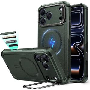 ESR for iPhone 17 Pro Case with Stash Stand, 7X Military-Grade Drop Protection with Camera Control, Shock-Absorbing Phone Rugged Cover, Compatible with MagSafe Accessories, Cyber Series, Green