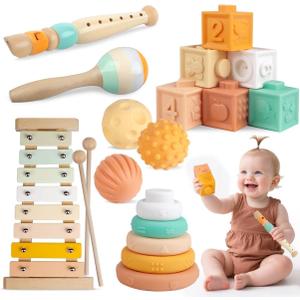 Baby Toys Montessori Toys for Babies 1-3,Wooden Musical Instruments Toy Stacking Building Blocks,Infant Teething Toys Sensory Balls,Xylophone,Birthday Gift for Toddlers 1+ Year Old (6 in 1)