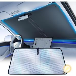 [2026 Upgraded] FOURDOPLI Graphene Dual-Layer Car Windshield Sun Shade for 2016-2026 Tesla Model Y & Model 3, Foldable car Window Shades with Includes Storage Bag, Block UV Rays Keep Car Cool