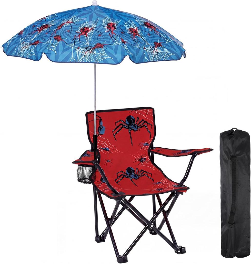 Redbaker Spider Kids Beach Chair with Umbrella Red Blue Toddler Folding Lawn and Camping Chair with Summer Shade for Boys Girls Outdoor Pool Travel Picnic