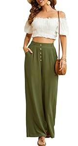SVALIY Women Flowy Pants Cotton Linen Wide Leg Palazzo Pants Long Lounge Slacks High Waist Button Trousers Pocket Green Army XL