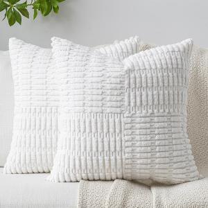 Patchwork Throw Pillow Covers Set of 2 Striped Soft Corduroy Square Decorative Couch Pillow Cases Boho Accent Farmhouse Home Decor for Bed Sofa Living Room, White, 18x18-Inch