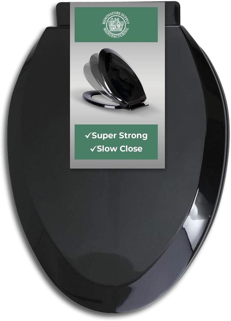 Renovators Supply Manufacturing Black Plastic Soft Close Elongated Toilet Seat Quiet-Close Lid, Contoured Seat Easy To Install And Clean, Grip-Tight Bumpers With Adjustable Mounting Hardware (Pack of 1)