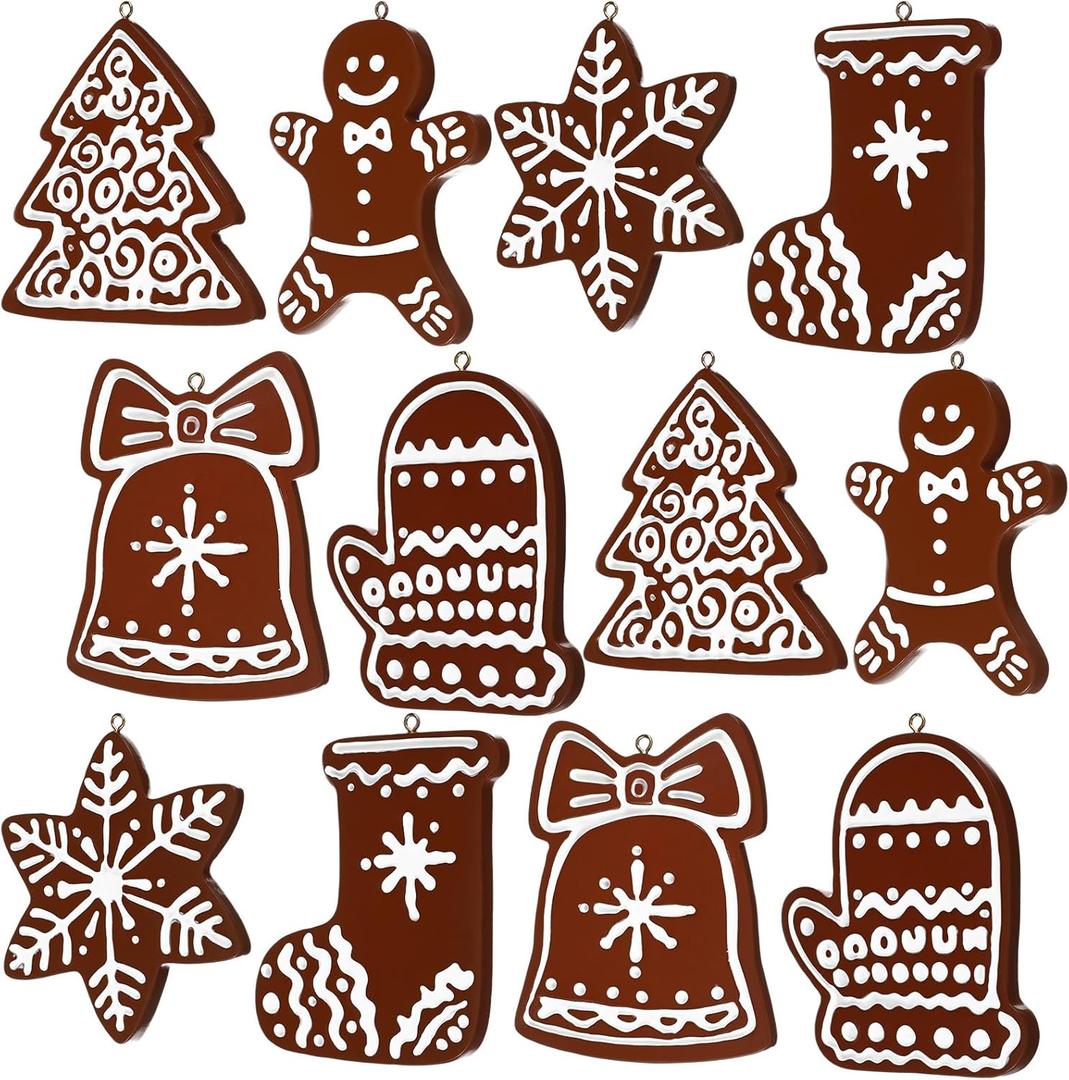 12 Pcs Christmas Gingerbread Ornaments 3.9 inch Resin Large Houses Snowflake Cookie Shaped Xmas Decor with Rope Hanging Ornaments for Christmas Tree Home Decorations(Gingerbread)