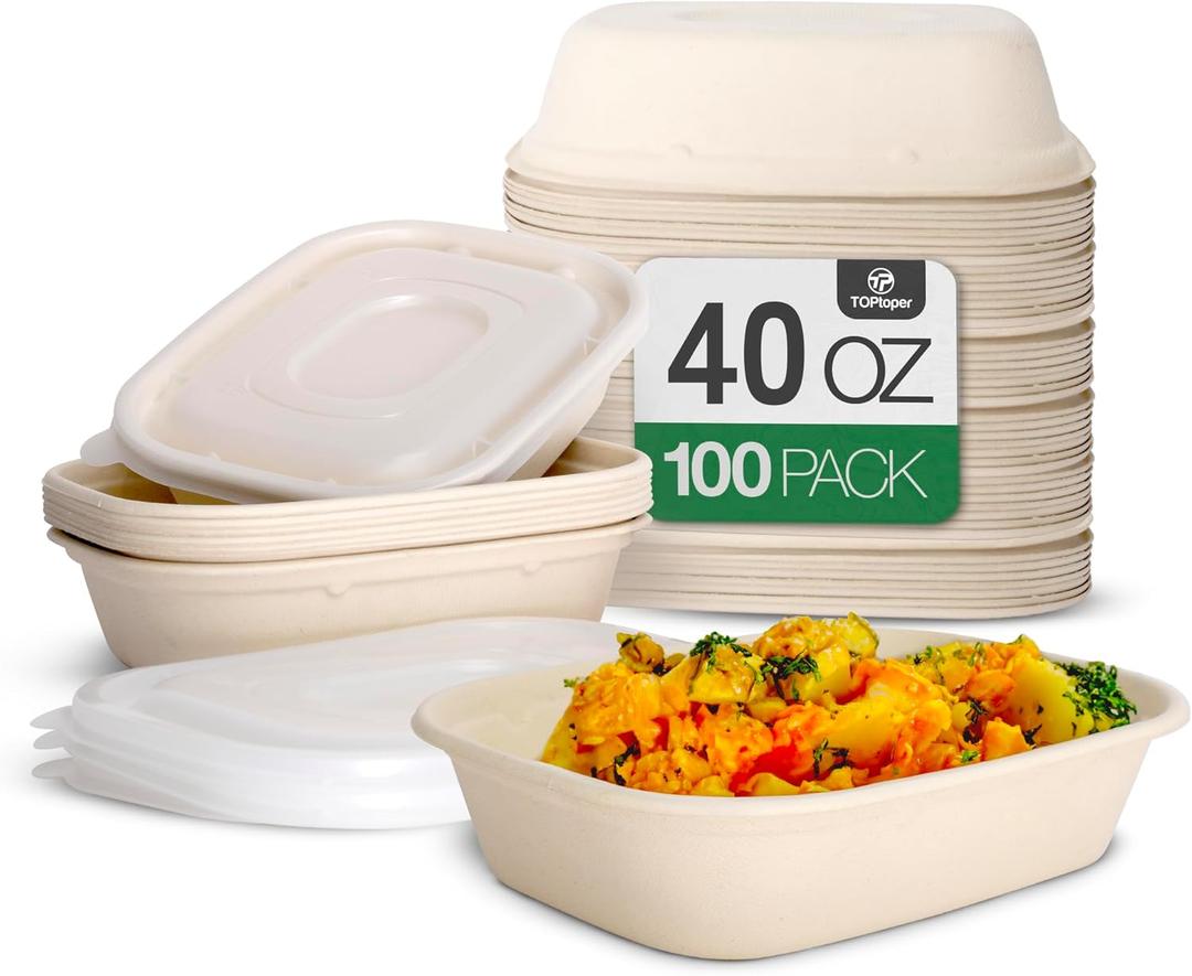 100 Pack 40 Oz Large Paper Bowls with Lids, Heavy Duty Compostable Paper Bowls for Party, Disposable Bowls Bulk Leakproof and Microwave Safe for Hot/Cold Use