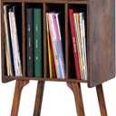 LELELINKY Record Player Stand,Vinyl Record Storage Table with 4 Cabinet Up to 100 Albums,Mid-Century Turntable Stand with Wood Legs,Brown Vinyl Holder Display Shelf for Bedroom Living Room (Patented)