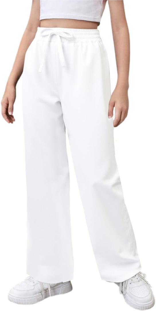 Girls Loose Straight Leg Sweatpants High Waisted Baggy Joggers with Drawstring (11-12 Years, White)