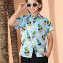 Boys' Hawaiian Shirts Short Sleeve, Tropical Button-Down Shirts for Youth Kids 5-14 Years Summer Vacation Beach Swim (Blue, M)