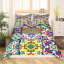 Erosebridal Colorful Mexican Style Queen Duvet Cover,Retro Talavera Tile Bedding Set for Kids Adults Room Decor,Exotic Ethnic Boho Bed Set Patchwork Floral Print Duvet Cover 3Pcs