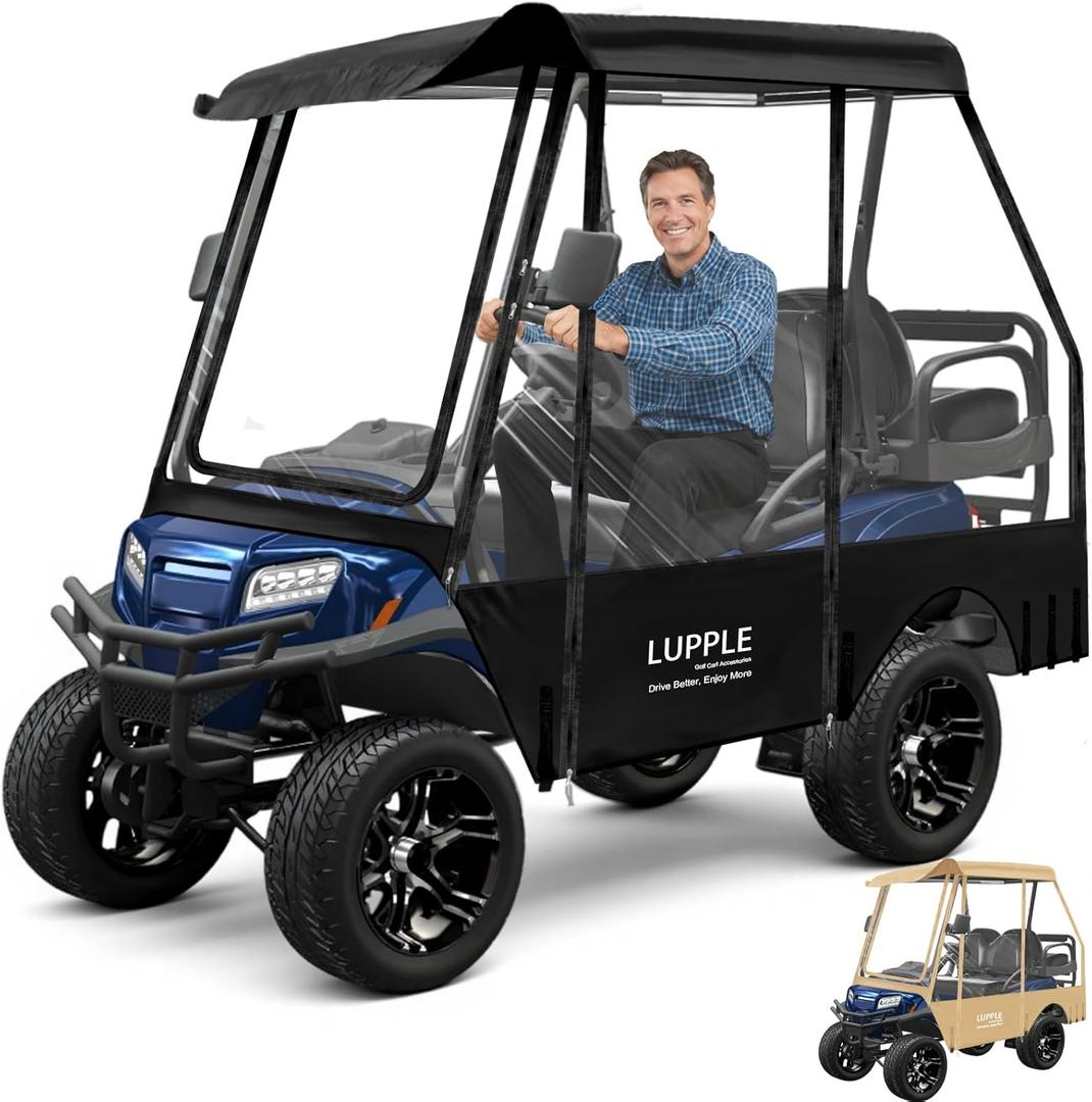 Golf Cart Weather Enclosure 54"-124" Roof, 4 6 8 Passenger Golf Cart Rain Cover for EZGO TXT RXV Club Car Precedent DS Evolution Yamaha Onward Tempo Icon, 4-Sided Windows Roll-up Door