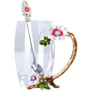 The Pure Embrace Flower Glass Tea/Coffee Cup, Gift for Mom, Birthday Gift for Women, Lead-Free Enamel Glass with Spoon (Large) (13 Ounces)