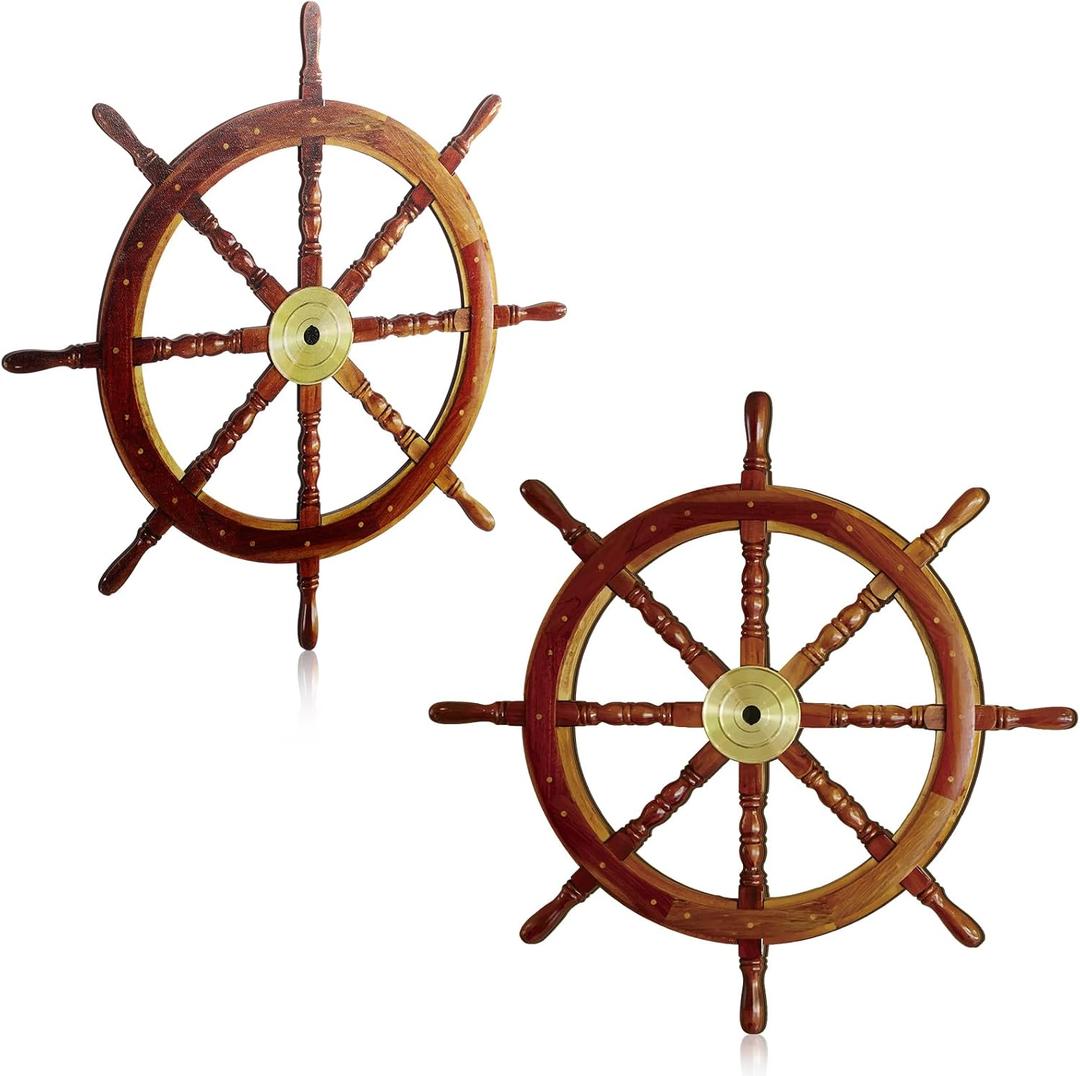 Tatuo 2 Pcs Ship Wheel Wall Decor Pirate Party Decorations Thin Flat Wooden Nautical Wall Art 2d Wood Beach Boat Cruise Ship Steering Wheel for Home Bedroom Decor(18 Inch)