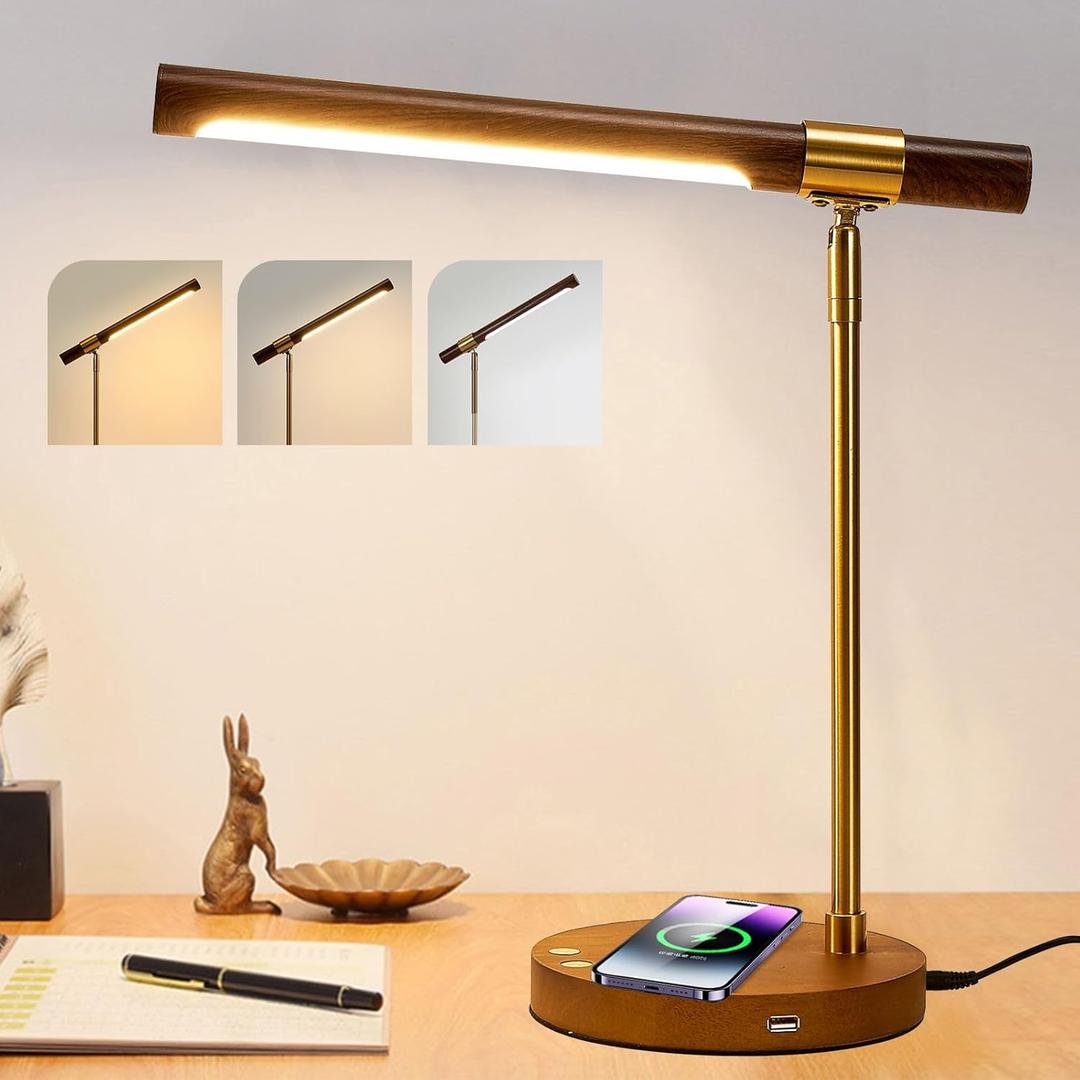 LED Wood Grain Desk Lamp with Wireless Charger, Desk Lamps for Home Office with USB Charging Port, Touch Control Desk Light Adjustable, Eye-Caring Office Lamp with Night Light