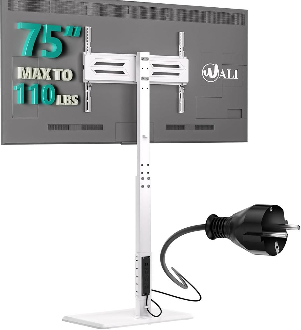 WALI Floor TV Stand with Power Outlet, Tall TV Stand Mount for 32-75 inch TVs up to 110 lbs, Swivel and Height Adjustable TV Stands with Wood Base for Bedroom, Office(TVDVD-7PW), White