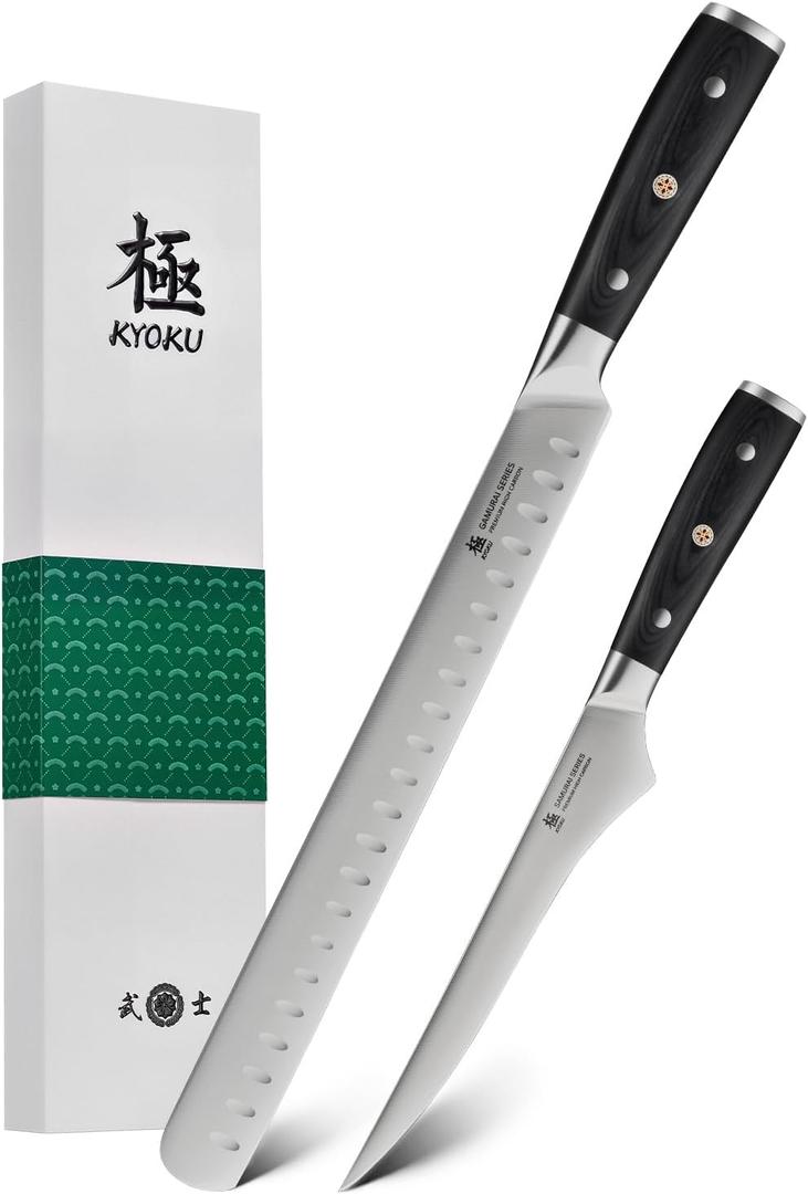 KYOKU 2pc Kitchen Knife Set, Samurai Series 6.5" Boning Knife & 12" Slicing Knife Set, High Carbon Steel Japanese Style Knives with Pakkawood Handle Sheath for Meat Fruit Vegetable Dicing Carving