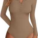 PRETTYGARDEN Long Sleeve Bodysuits for Women 2026 Ribbed Knit Henley Button Up Slim Fitted Basic Tops Winter Fashion Clothing, Medium