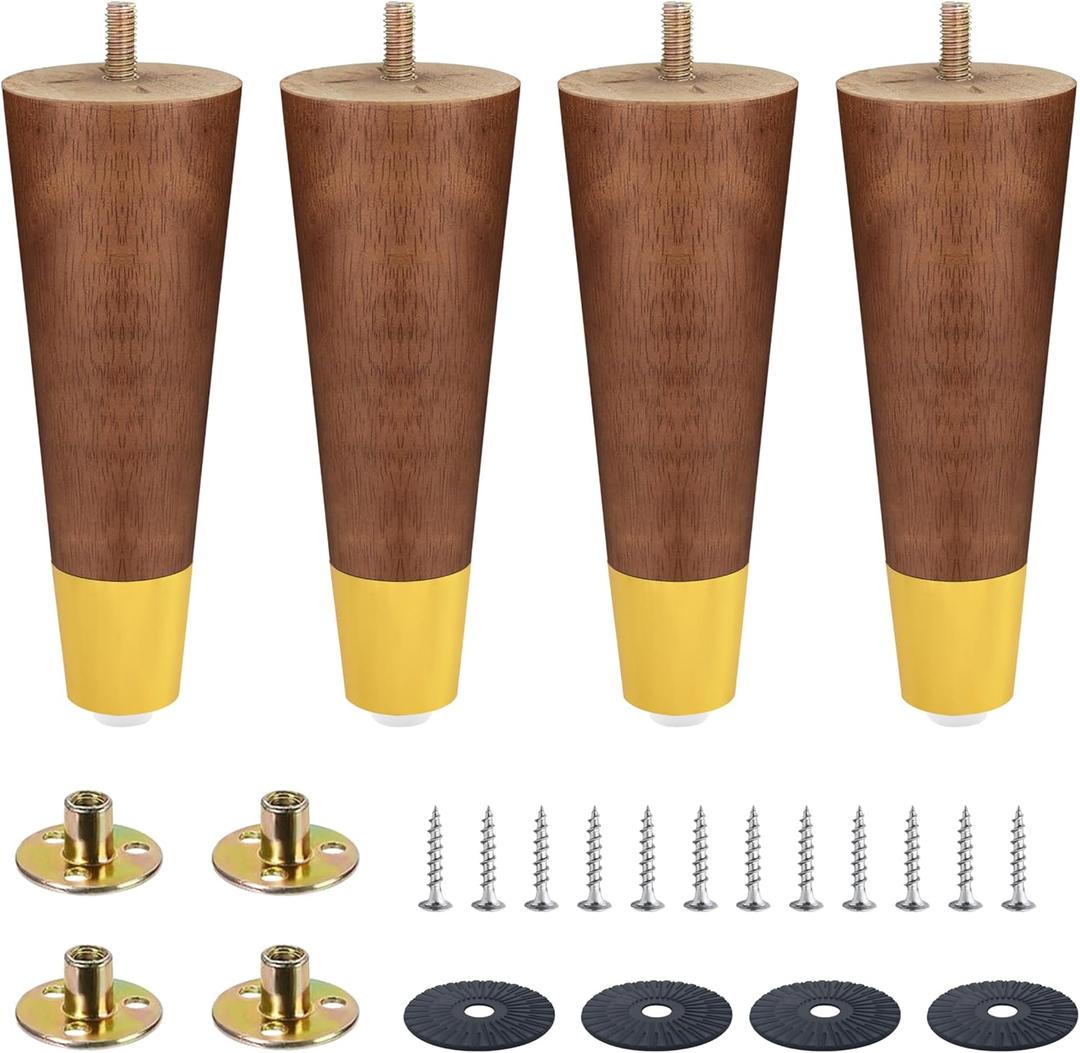Solid Rubber Wood Furniture Legs Set of 4 - Heavy Duty Replacement Couch Legs & Sofa Feet for Bed, Cabinet, Ottoman - Furniture Risers & Bed Support Legs (Walnut, 6")
