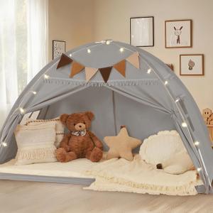 Twin Size Bed Tent Canopy, Kids Play Tent with Flags & Star Lights, Canopy on Bed Privacy Space Sleeping Blackout Tents, Grey Castle Style