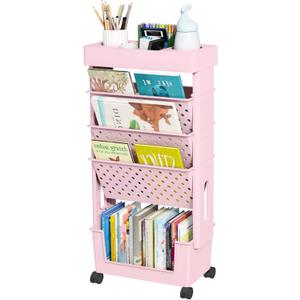 5-Tier Mobile Bookshelf, Rolling Bookcase Book Storage Rack, Movable File Folder Organizer Cart with Wheels for Home Study Office Living Room Classroom, Pink